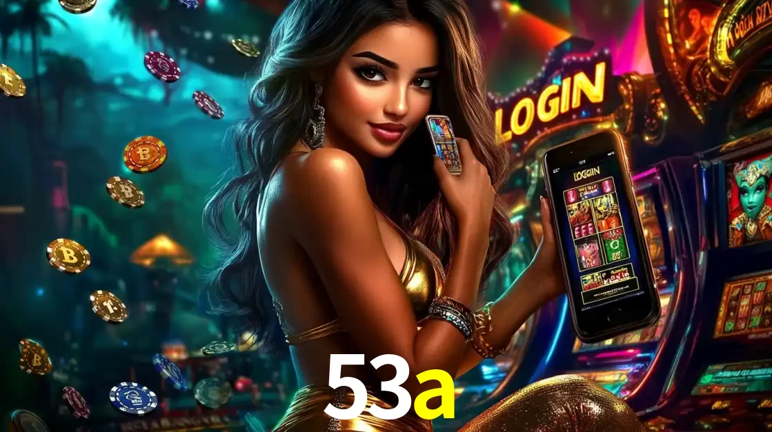 Mulher em um cenário de cassino temático de aventura, mostrando o app de caça-níqueis da 53a no celular. Fichas de apostas flutuam ao redor.