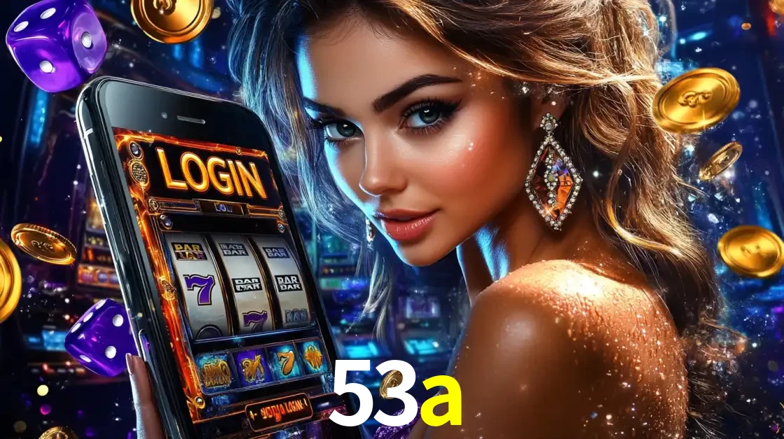 Mulher glamorosa segurando um smartphone com a tela de login para os jogos de caça-níqueis do cassino online 53a, com moedas de ouro e dados ao redor.